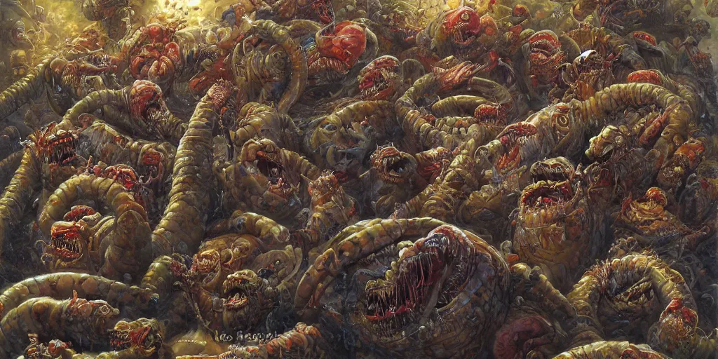 Image similar to portrait of vladimir putin's face eating worms, on background army of zobies, by ralph horsley, photorealistic, hyperdetailed