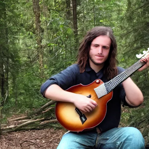 Image similar to a photo of a young man with long hair playing mandolin in the wilderness