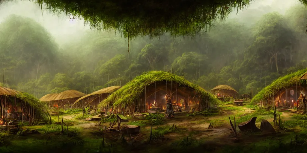 Image similar to a clearing in the jungle reveals a village full of merchant tents and mushroom huts, matte oil painting, science fantasy, retrofuturistic, biblical, rpg, queer, pride, epic, extremely detailed, sharp focus, 4 k