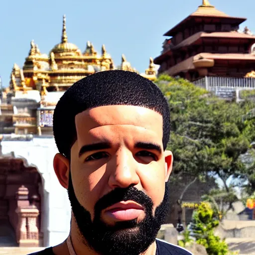 Prompt: photo of drake glaring, short hair, beard, hindu temple in background