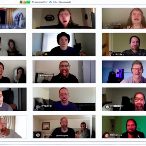 Prompt: zoom call conference with 2 0 people, all screaming at each other with their microphones off, screenshot from a macosx
