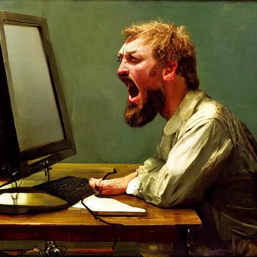 Image similar to an angry man yells at his computer monitor, oil on canvas, 1 8 8 3, highly detailed