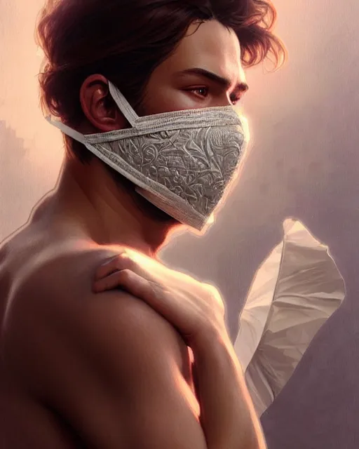 Prompt: ultra realistic illustration, a male with fabric mask, intricate, elegant, highly detailed, digital painting, artstation, concept art, smooth, sharp focus, illustration, art by artgerm and greg rutkowski and alphonse mucha