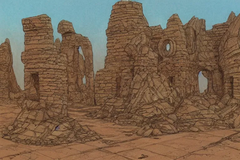 Prompt: ancient martian ruin concept sketch by joe johnston and nilo rodis - jamero and ralph mcquarrie and norman reynolds