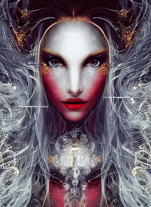 Image similar to glowing silver and golden elements, full close-up portrait, vector dark witch from shutterstock, book cover, green forest, white moon, red lips, establishing shot, extremly high detail, photo-realistic, cinematic lighting, pen and ink, intricate line drawings, by Yoshitaka Amano, Ruan Jia, Kentaro Miura, Artgerm, post processed, concept art, artstation, matte painting, style by eddie mendoza, raphael lacoste, alex ross