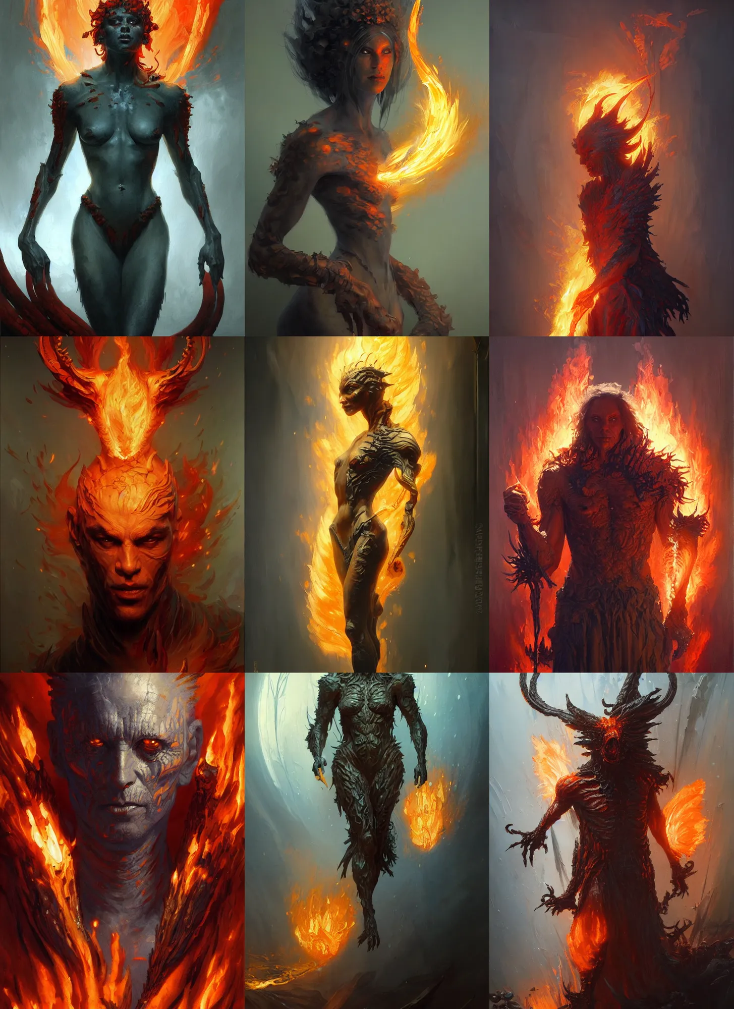 Prompt: artstation hq, masterpiece, a painting of a creature made of fire, fantasy art, a character oil on canvas portrait by gerald brom and greg rutkowski