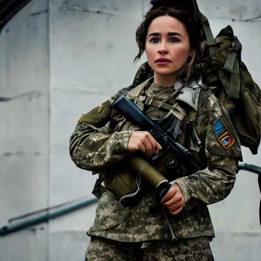 Image similar to a photograph of emilia clark as a female soldier, cinematic lightening, professional, pentax k 1 0 0 0, sharp focus