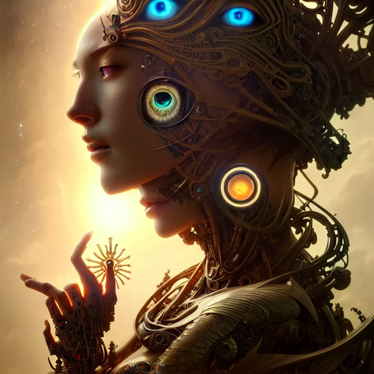 Image similar to ultra realistic beautiful cyborg deity eyes closed, fantasy, intricate details, movie still, highly detailed, photorealistic, octane render, eerie, 8k, art by artgerm and james clyne and greg rutkowski and alphonse mucha