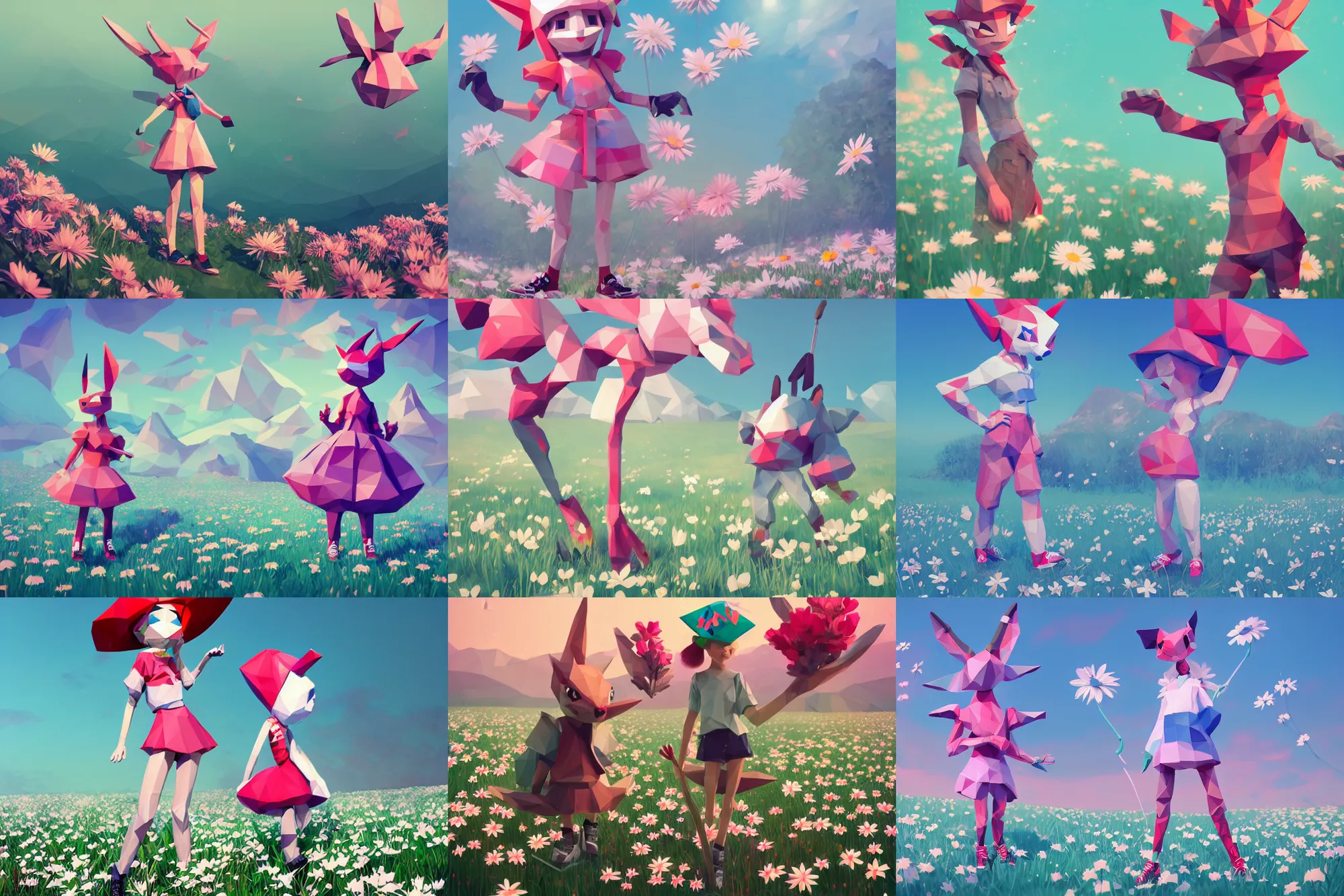 Prompt: lowpoly ps playstation 1 nintento n 6 4 anthropomorphic lurantis girl in an ice floe standing in a field of daisies wearing converse shoes and a davey crockett hat, digital illustration by ruan jia on artstation