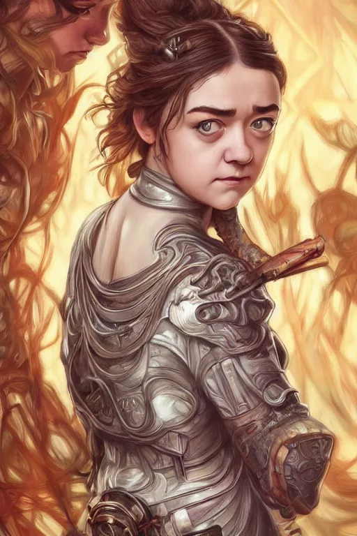 Prompt: Maisie Williams cute, fantasy, intricate, elegant, highly detailed, digital painting, 4k, HDR, concept art, smooth, sharp focus, illustration, art by artgerm and H R Giger and alphonse mucha