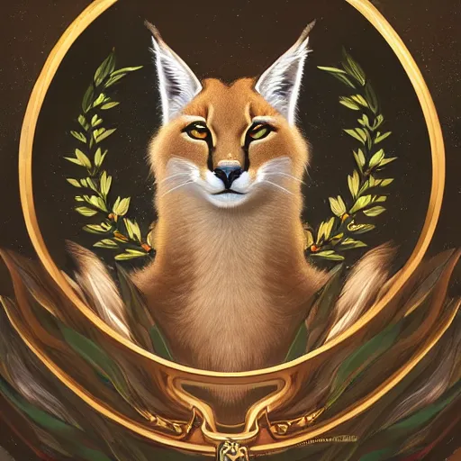 Image similar to laurel wreath on a head of cute fluffy caracal, photography of kurzgesagt, deep focus, d & d, fantasy, intricate, elegant, highly detailed, digital painting, artstation, concept art, matte, sharp focus, illustration, hearthstone, art by artgerm and greg rutkowski and alphonse mucha