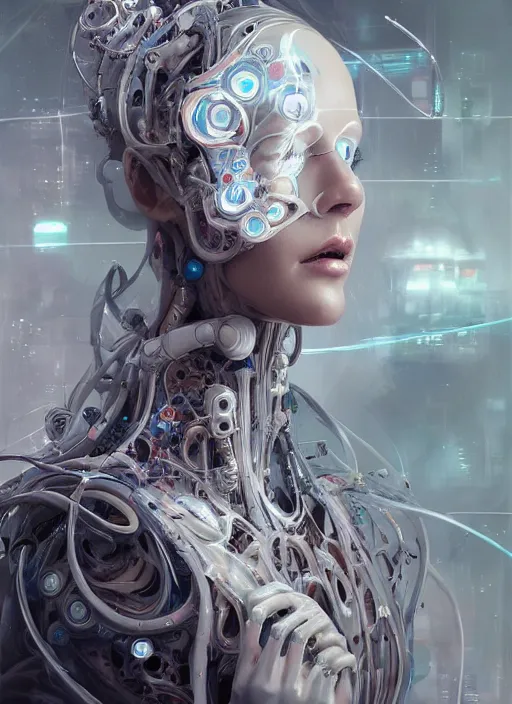 Prompt: a beautifull white cast futuristic biomechanical humanoid woman side portrait with pretty face in intricate detailed color smashing fluid oilpaint, melting wax, thin fractal tendrils, futuristic digital painting, cyberpunk, 8 k, hyper detailed, octane render, concept art, by peter mohrbacher, by wlop, by ruan jia,