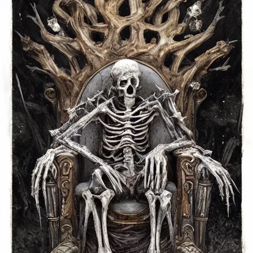Prompt: withered old king sitting on a throne of rotting bones, highly detailed painting by seb mckinnon, 8 k