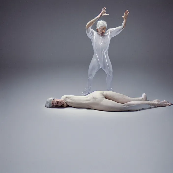 Prompt: a 7 0 year old white haired man lays on a bed, a transparent iridescent figure levitates above him, by vanessa beecroft, canon eos c 3 0 0, ƒ 1. 8, 3 5 mm, 8 k, medium - format print