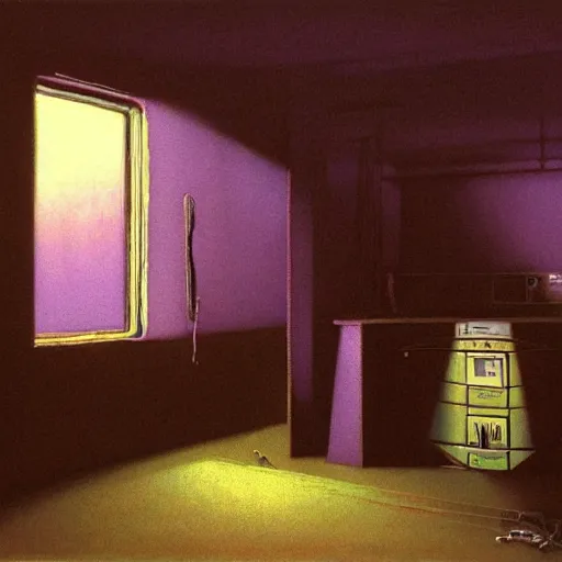 Image similar to painting of a syd mead scifi ancient civilzation laundry room, purple sun, beksinski