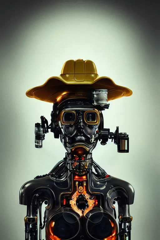 Image similar to a beautiful ultra detailed fine art portrait of a futuristic mechanical cybernetic firefighter cyborg wearing a graduation hat, by tom bagshaw and anna dittman, studio lighting, firefighter, golden ratio composition, 3 5 mm lens, cybernetic scifi, deep depth of field, artstation, 8 k