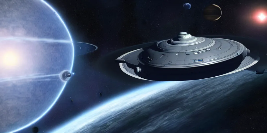 Image similar to hyperrealistic render of the enterprise c from star trek with nacelles behind the saucer section orbiting a gas giant planet hyperdetailed, main focus on the enterpise from star trek, artstation, cgsociety, in the style star trek 8 k