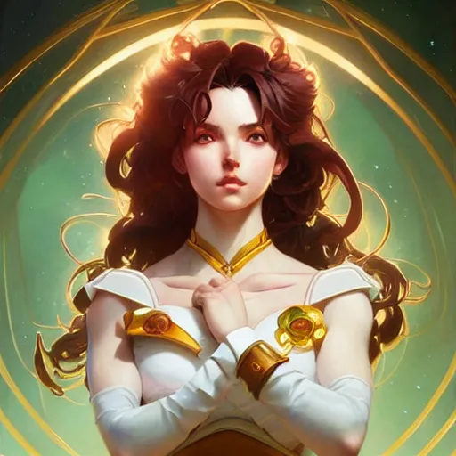 Image similar to Sailor Jupiter, fantasy, intricate, elegant, highly detailed, digital painting, artstation, concept art, matte, sharp focus, illustration, art by Artgerm and Greg Rutkowski and Alphonse Mucha