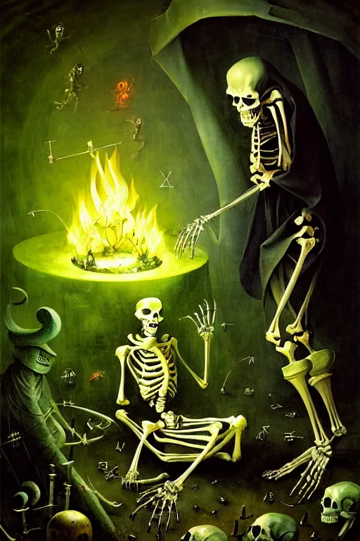 Image similar to hieronymus bosch, greg rutkowski, anna podedworna, painting of a skeleton wizard burning with green fire, green glowing runes, evil glow, light from cracks in ground