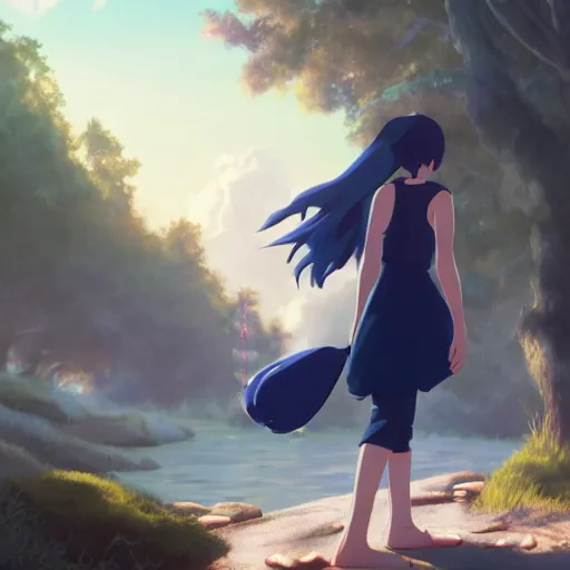 Image similar to a wholesome animation key shot of a girl with long dark blue hair and a fluffy black and white tail, medium shot, studio ghibli, pixar and disney animation, sharp, rendered in unreal engine 5, anime key art by greg rutkowski, bloom, dramatic lighting