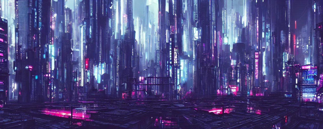 Image similar to A cyberpunk cityscape, by Tokujin Yoshioka, landscape, dramatic lighting, high contrast colors, panoramic view, as trending on Artstation, highly detailed,