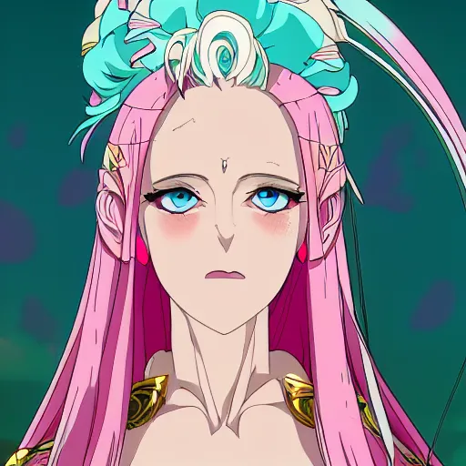 Prompt: stunningly beautiful omnipotent megalomaniacal anime goddess with porcelain skin, pink hair and mesmerizing cyan eyes, symmetrical perfect face smiling in a haughty way, mid view, hyperdetailed, 2 d, 8 k