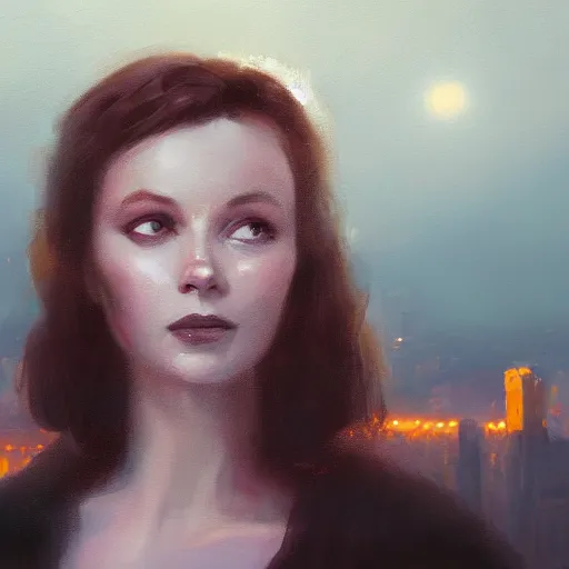 Prompt: closeup portrait of a young vivian leigh, crying, chiaroscuro, city background, night, moon, dramatic lighting, complementary contrast, high detail, painted by greg rutkowski, painted by igor kieryluk, trending on artstation