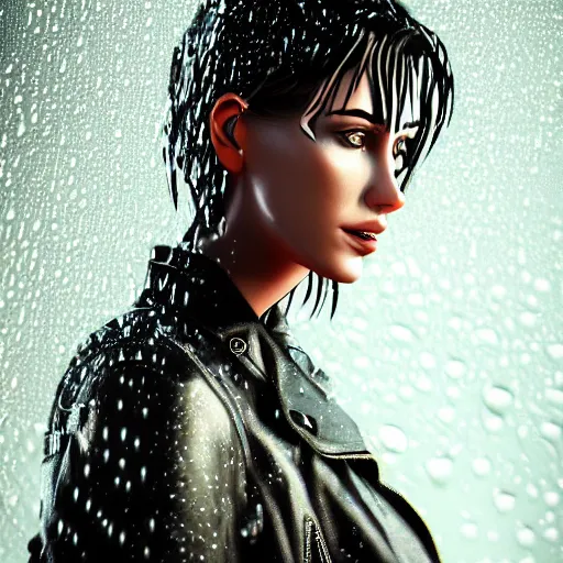 Image similar to stylish woman cartoon portrait made out of rain, leather jacket, cyberpunk background, rendered in octane, unreal engine, highly detailed, trending on artstation, realistic, neon, beautiful