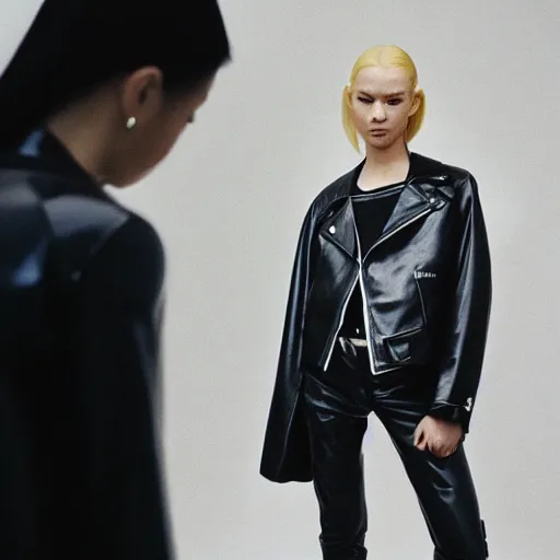 Image similar to realistic photoshooting for a new balenciaga lookbook, color film photography, portrait of a blonde asian woman, model wearing a motorcycle jacket, photo in style of tyler mitchell, 3 5 mm,