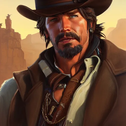 Prompt: wild west character portrait of McCree, Cassidy, from Overwatch, intricate, wild, highly detailed, digital painting, artstation, upper body, concept art, smooth, sharp focus, illustration, art by artgerm and greg rutkowski and alphonse mucha