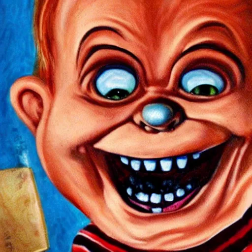 Prompt: painting of chucky by dr seuss | horror themed | creepy