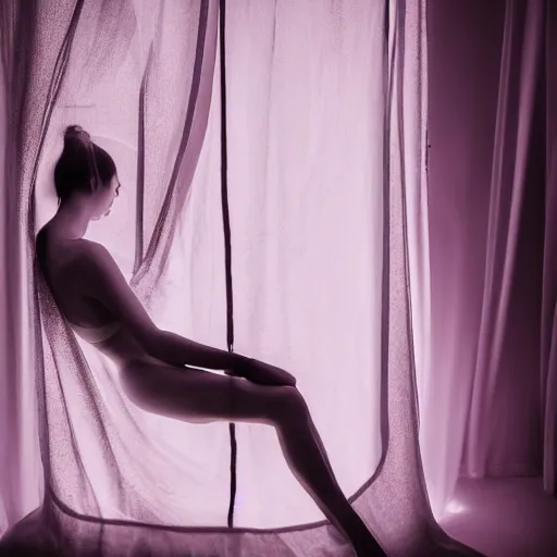 Image similar to beautiful female body silhouette, beautiful portrait, photography by amy leibowitz and filip fedorov, long sheer curtains, urban city photography, close up portrait, cinematic still, film still, magic hour, dark mood, cold colors, sony, kodak, long exposure, art noveau painting, liquid marble fluid painting, neon glow