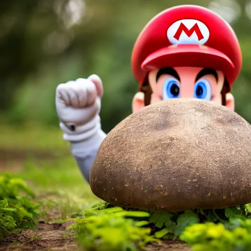 Image similar to photo of real life mario finding a giant mushroom, exhilarated, portrait, closeup. mouth open, 30mm, bokeh