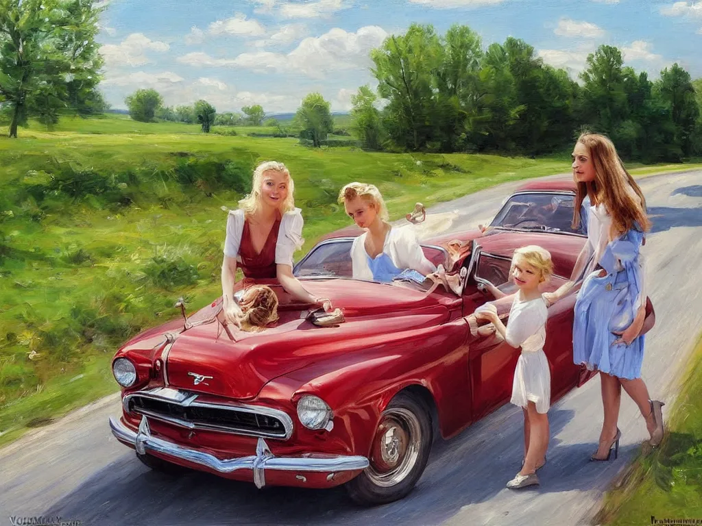 Image similar to 1950 blonde driving à mustang on a country road, Swedish countryside, painting by Vladimir Volegov, masterpiece