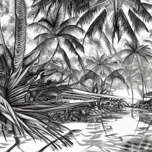 Image similar to tropical island, 8 k, high resolution, detailed charcoal drawing, beautiful hd, art nouveau, concept art, colourful artwork, in the style of axel aabrink