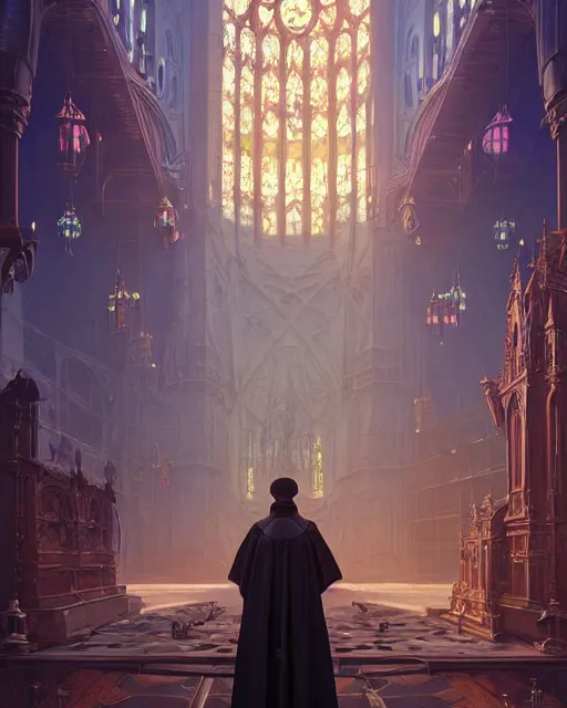 Image similar to highly detailed surreal vfx portrait of a steampunk priest in a steampunk cathedral, stephen bliss, unreal engine, greg rutkowski, loish, rhads, beeple, makoto shinkai and lois van baarle, ilya kuvshinov, rossdraws, tom bagshaw, alphonse mucha, global illumination, detailed and intricate environment