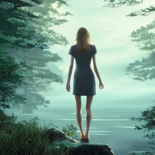 Image similar to taylor swift holding her hand out for you, long hair with bangs, Crystal clear blue eyes, wide-shot, mystical, sun flairs, beautiful fog lit forest backround, oil colors, watery lake, elegant, sharp focus, cute face, Hyper-realistic, Highly Detailed, HD, Dramatic Lighting by Brom, by beeple, studio ghibli, wallpaper, highly detailed, trending on artstation