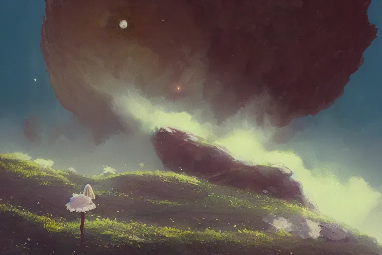 Prompt: giant white daisy flower under head, girl standing on cliff, surreal photography, solar eclipse, milky way, dramatic light, impressionist painting, clouds, digital painting, artstation, james gilleard, liam wong, jeremy mann, simon stalenhag