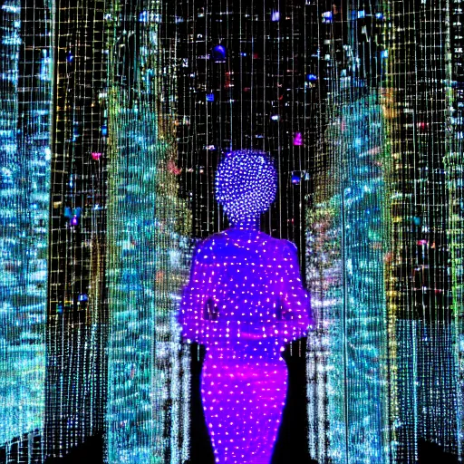 Image similar to a woman standing in front of a light sculpture, a hologram by bruce munro, featured on tumblr, interactive art, hall of mirrors, tesseract, futuristic