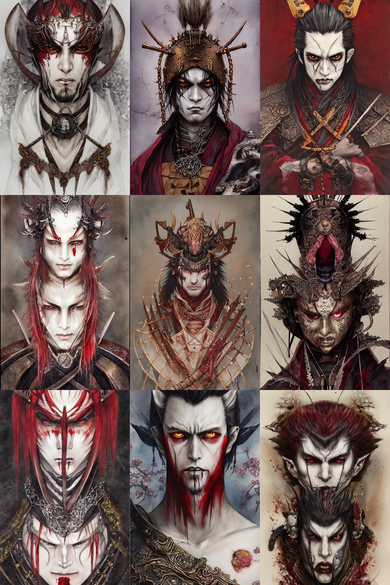 Prompt: watercolor painting of a male japanese bjd samurai warrior vampire magus in the style of dark - fantasy painted by yoshitaka amano, tom bagshaw, ayami kojima, dmt art, symmetrical vogue face portrait, intricate detail, artstation, cgsociety, artgerm, rococo, red, bronze