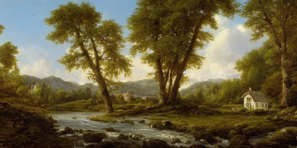 Prompt: a beautiful landscape painting of a cottage by a river in a valley, winter season, by john glover, oil on canvas, highly detailed, hd, 4 k