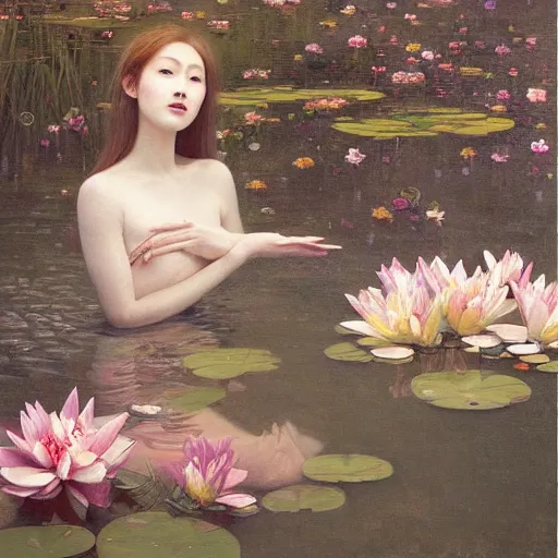 Image similar to a painting of a woman floating in a pond of water lillies, a fine art painting, by liu jun, cgsociety, deviantart, pre - raphaelitism, figurative art, magical realism, detailed painting, made of flowers