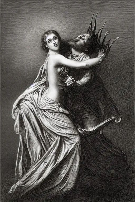 Image similar to A maiden dancing with the devil in the style of Gustave Dore