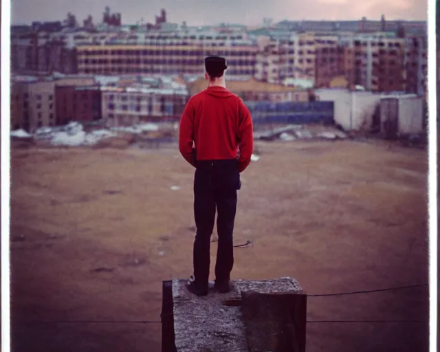 Image similar to lomo photo of man standing on the roof of soviet hrushevka, small town, cinestill, bokeh, out of focus