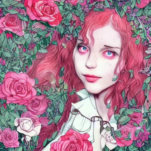 Image similar to Alice in Wonderland at the tea party, she looks like a mix of grimes, Aurora Aksnes and zoë Kravitz, sweet and innocent, surrounded by red and white roses, digital illustration, inspired by Aeon Flux and Japanese shoujo manga, hyper detailed, dreamlike, incredibly ethereal, super photorealistic, muted and pastel shades, extremely fine inking lines