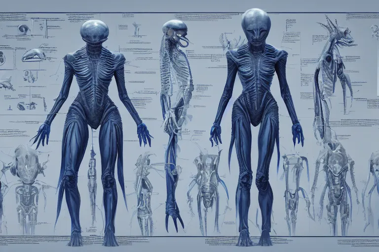 Image similar to Blueprint of alien queen, biology, sectioned, detailed, artstation, cgsociety, Ralph McQuarrie and Greg Rutkowski