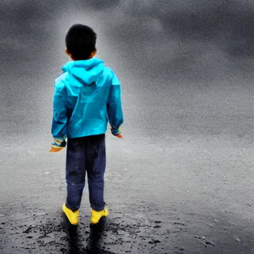 Prompt: dramatic picture of a kid on a colorful outfit standing backwards in the middle of a heavy rain surround by grey and grey clouds realistic photo taken with a good camera