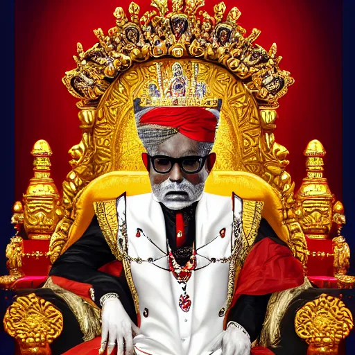 Image similar to the king of india sitting on a throne wearing a black suit and a red fez, detailed face with red lips, blue eyes and large forehead, moody atmosphere, digital art, highly detailed, high contrast, beautiful lighting, award winning, trending on art station, photorealistic, 8 k,