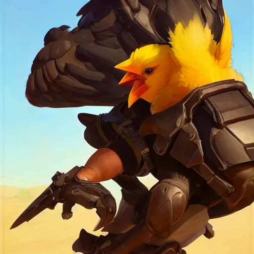 Image similar to greg manchess portrait painting of chocobo as overwatch character, medium shot, asymmetrical, profile picture, organic painting, sunny day, matte painting, bold shapes, hard edges, street art, trending on artstation, by huang guangjian and gil elvgren and sachin teng