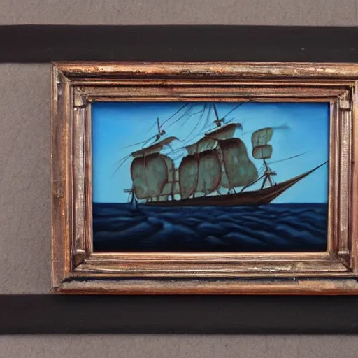 Image similar to oil painting of a pirate ship in a frame, old painted style